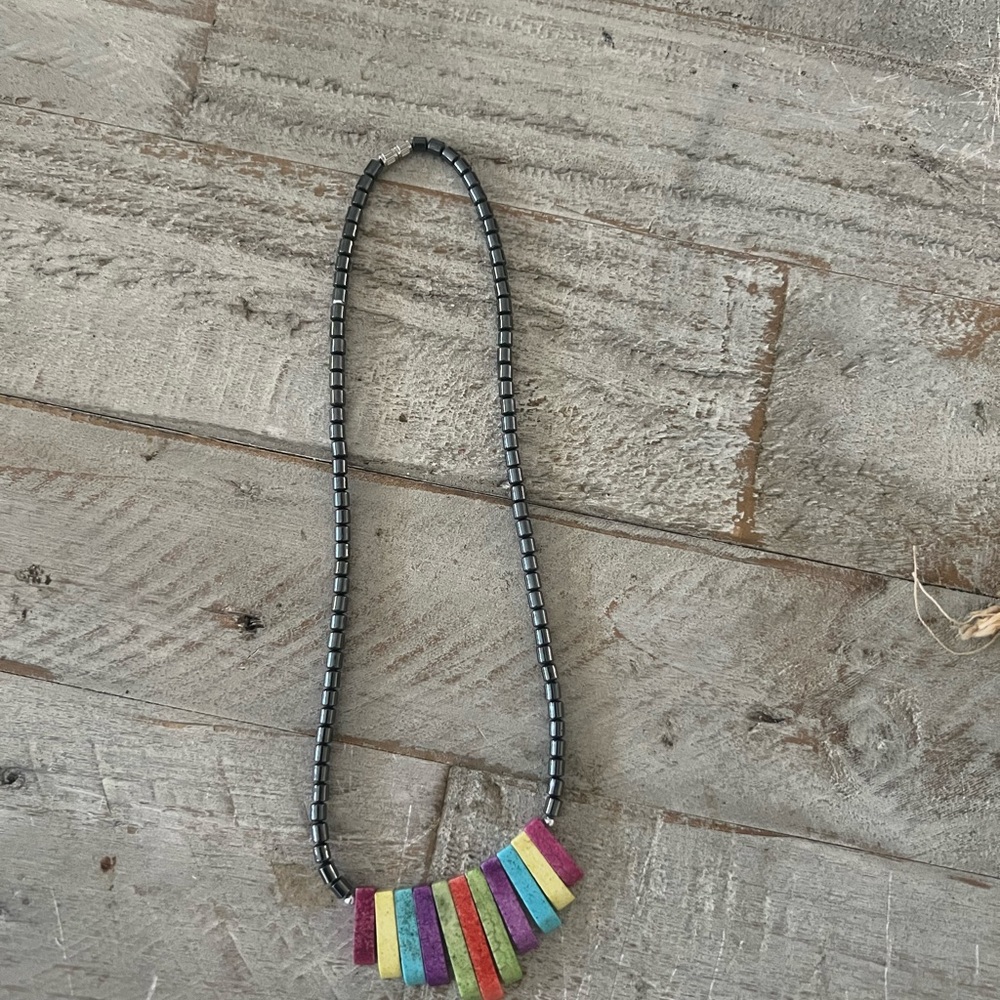Vintage Rainbow Hematite Stick Dangle Pendant Necklace - Picture 4 of 8
